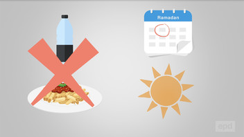 Screenshot aus Video mit Illustrationen von durchgestrichenem Essen, einem Kalender und einer Sonne